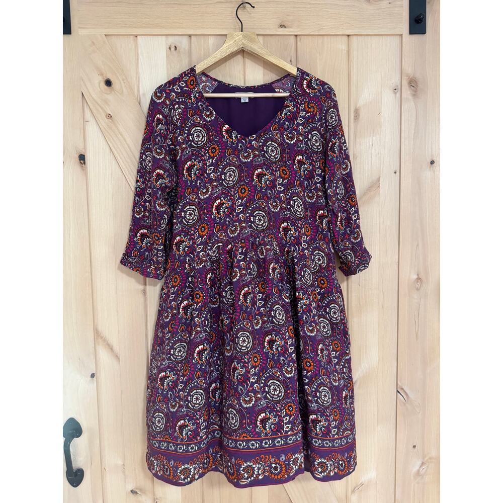 Garnet Hill | Purple Floral Boho 3/4 Sleeve Short Dress | Size 12